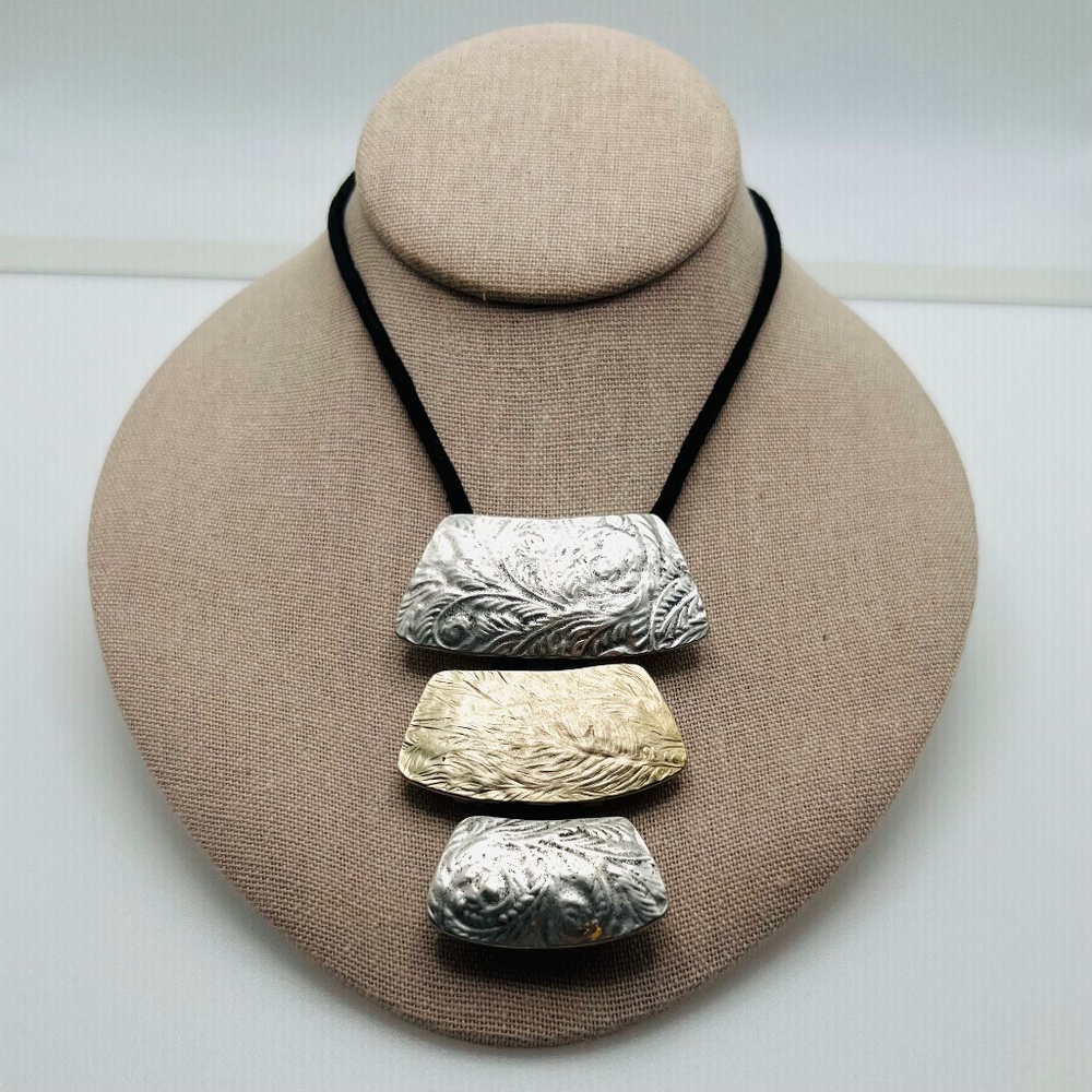 Necklace, Karma Bella, Contemporary Style Stamped Metal Pendants, Black Cord